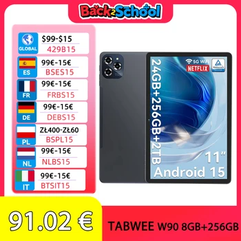 TABWEE W90 Tablet Android 15 da 11 pollici - 24 GB di RAM 256 GB di ROM, doppio 4G LTE + 5G WiFi, Octa Core T615, 8000 mAh, Gemini AI, WideVine L1 1