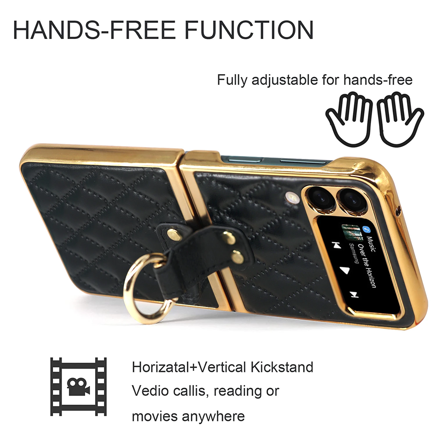 Leather Case for Samsung Galaxy Z Flip5 4 3 5G Ring Holder Shockproof Protective Cover with Camera Lens Protection Plating Frame