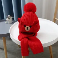 All-match Plush Bear Children Scarf Hat Set Cartoon Knitting Wool Beanie Cute Neck Warmer Warm Knitted Cap Boy