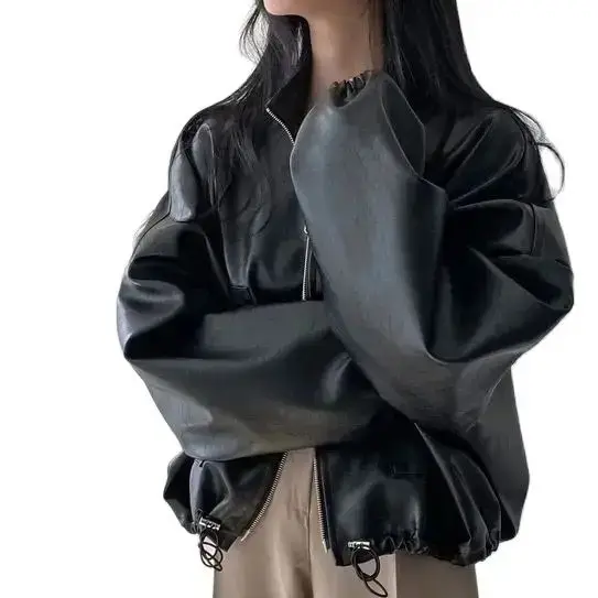 Leather Coat Jacket Drawstring Zipper Y2k 2024 Spring Fashion Long Sleeve Stand PU Loose Female Women Crop Coat  Lady Outwear