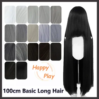 Capelli sintetici di alta qualità 39 "100 cm parrucca cosplay lunga diritta con botto grigio nero marrone capelli volume spesso parrucca di base per le donne