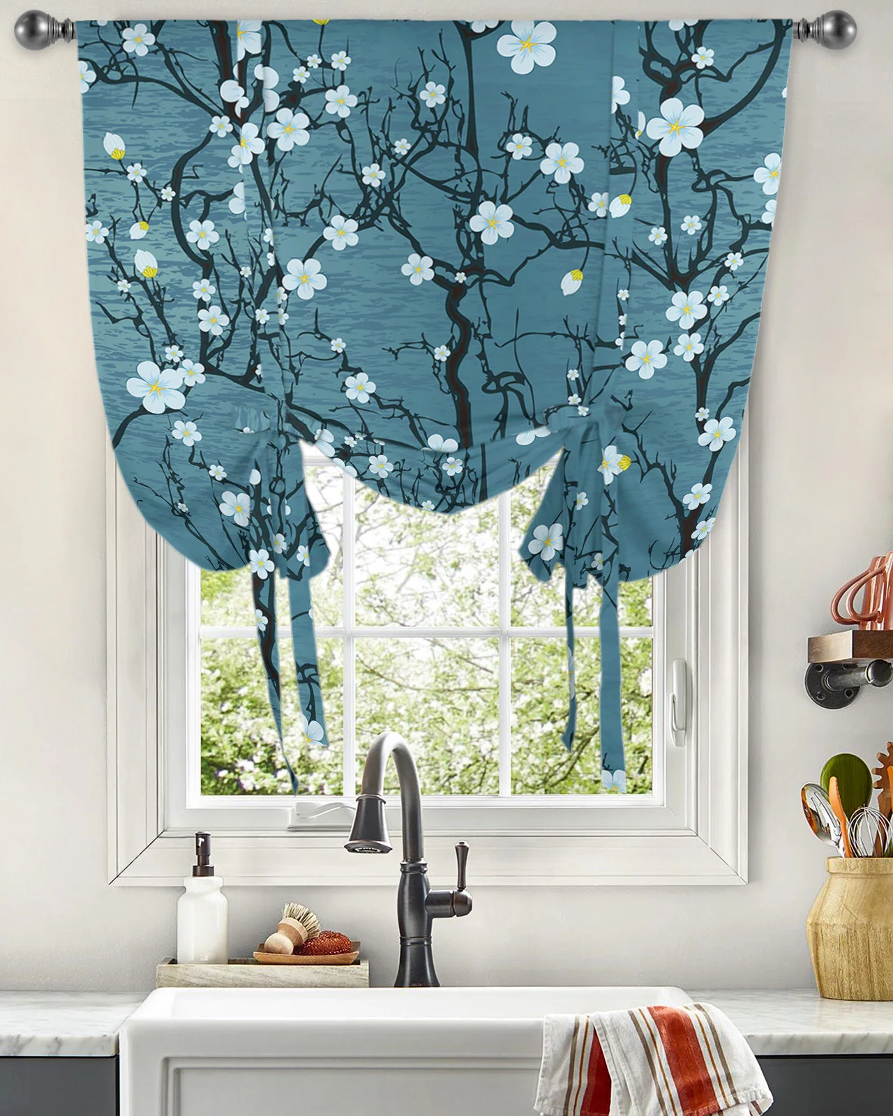 

Sakura Flower Abstract Water Wave Window Curtain for Living Room Bedroom Balcony Cafe Kitchen Tie-up Roman Curtain