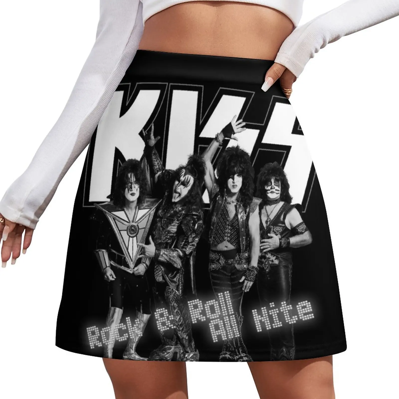 KISS ? Rock & Roll All Nite - Full Black and White Mini Skirt korean style women clothing 2023 new arrivals Sexy mini skirt