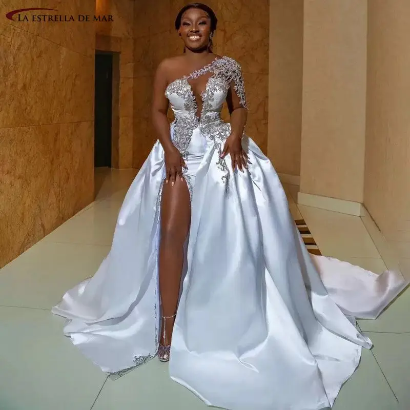 

Luxurious Beaded Crystals Wedding Dress Mermaid One Shoulder Long Sleeve Sexy V Neck Sheer Detachable Satin Lace Bridal Gown Dub