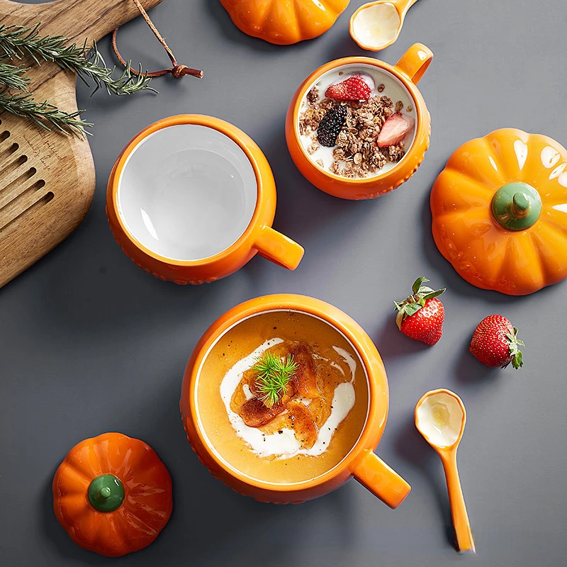 

Pumpkin Creative Water Cup Ceramic Thermos Cup with Lid Exquisite Breakfast Oatmeal Cup Heat-insulating Scalding-proof Milk Cup