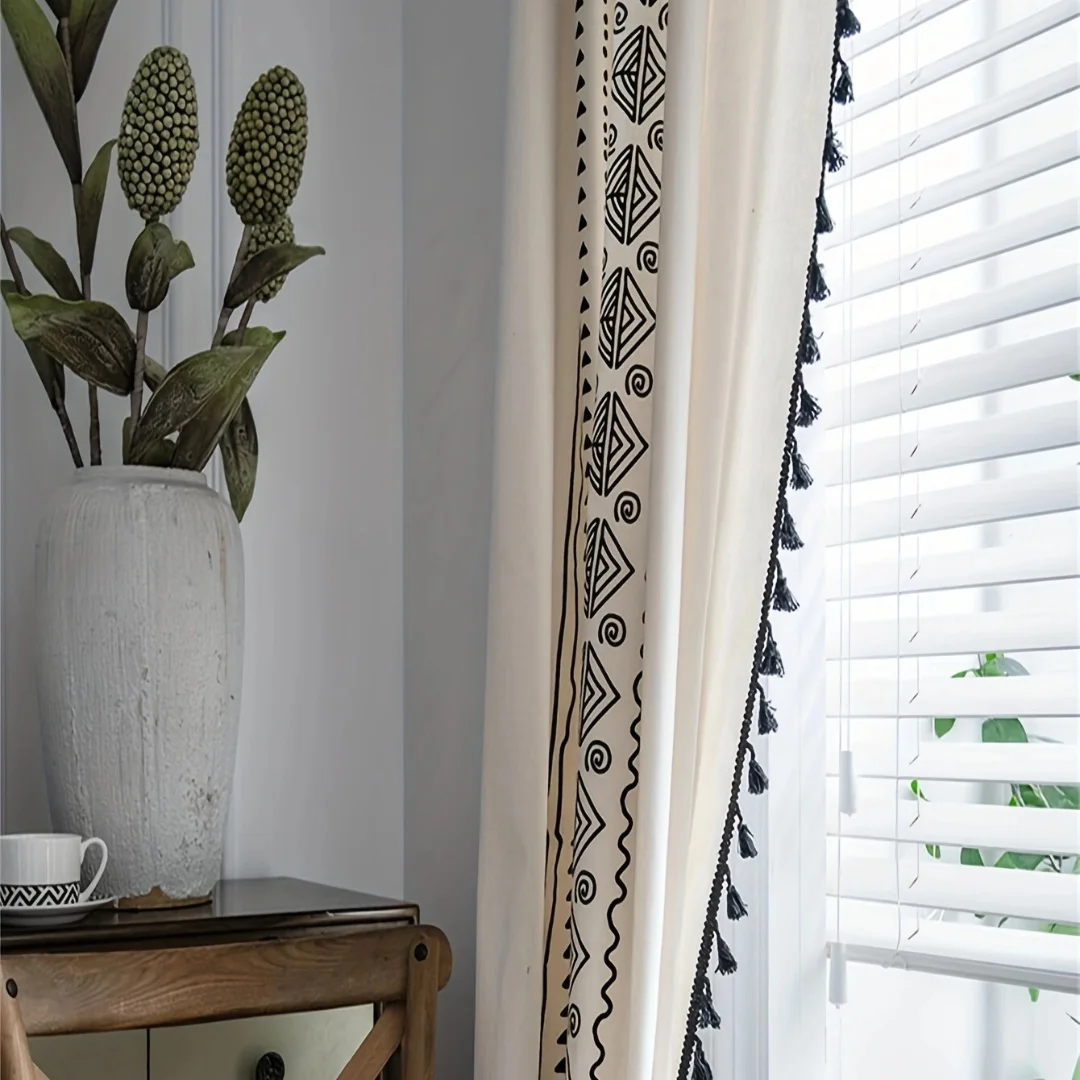 Black tassel curtains, semi shading geometric farmhouse, Bohemian style cotton and linen dimming curtains 1PC 6