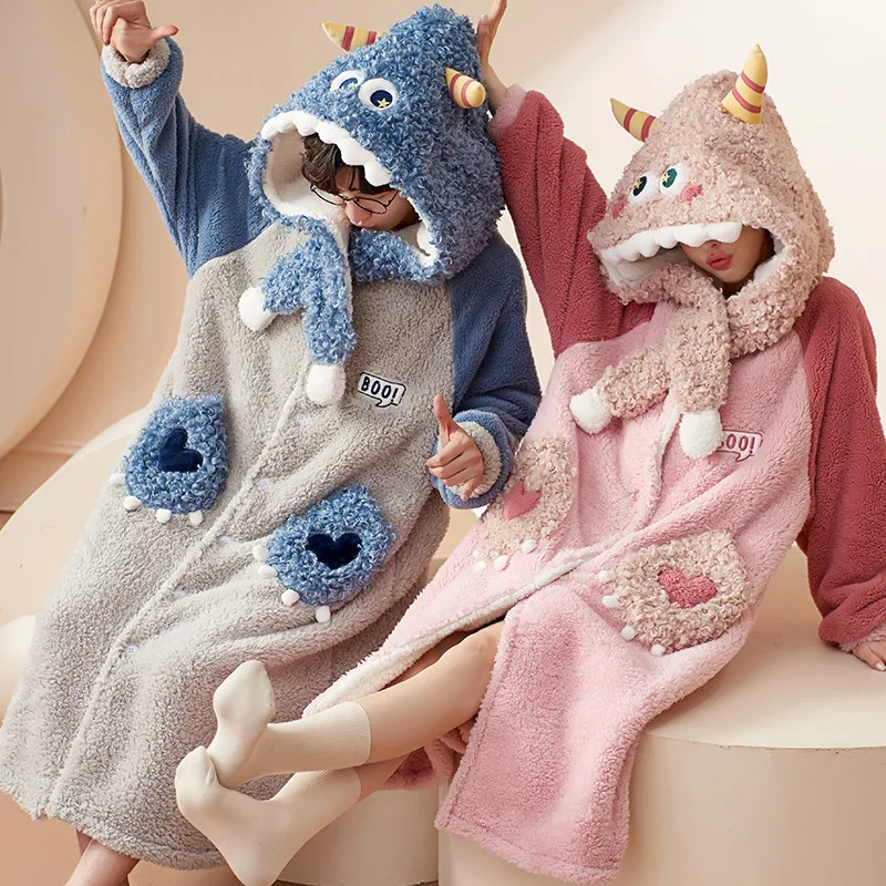Winter Flannel Thicken Nightgowns For Women Coral Velvet Loose Kawaii Cosplay Costume Sleepwear Men Hooded Couples Pajamas Dress