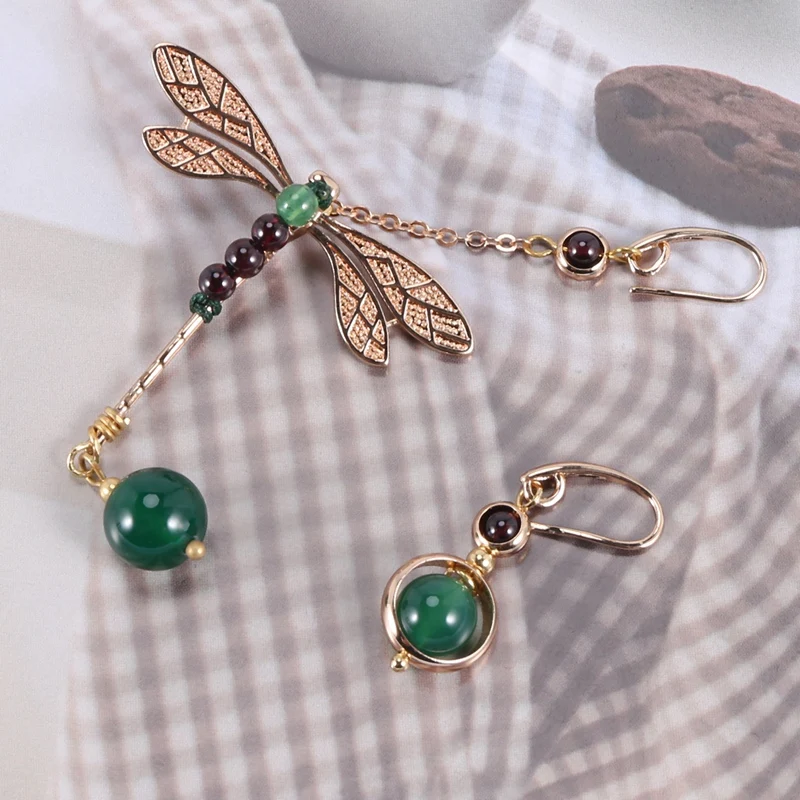 Ethnic Vintage Dragonfly Stone Bead Asymmetric Dangle Earrings Fashion Jewelry Drop Hook Earrings For Women Gift