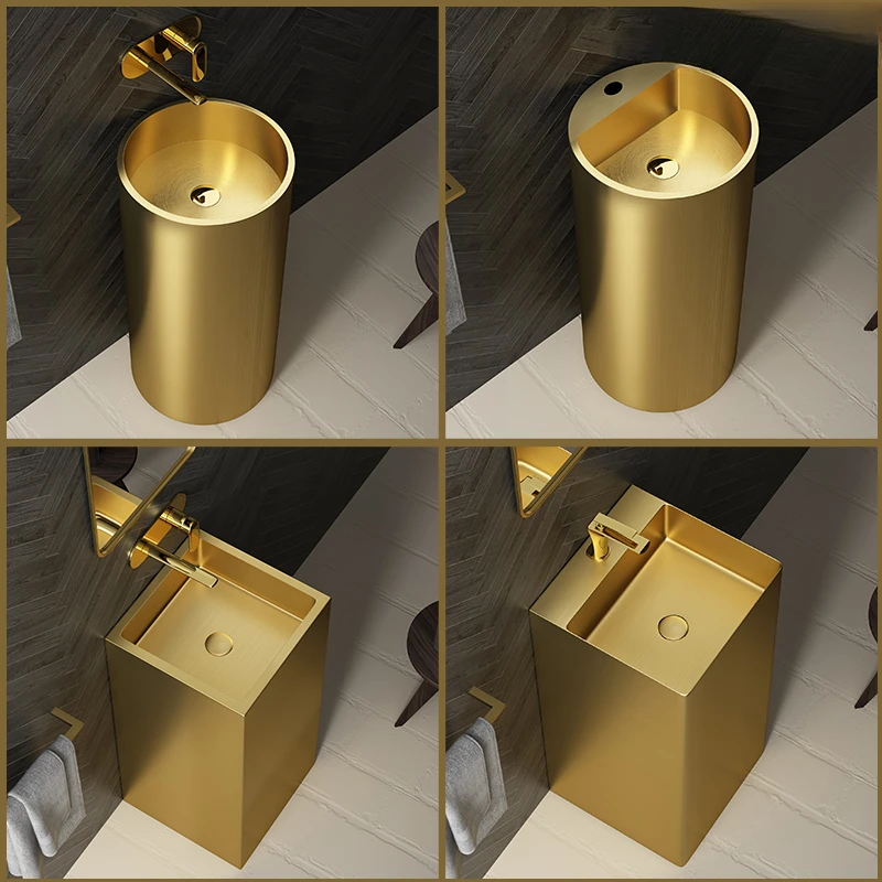

Light luxury 304 stainless steel column style wash basin, villa garden balcony, golden floor integrated wash basin