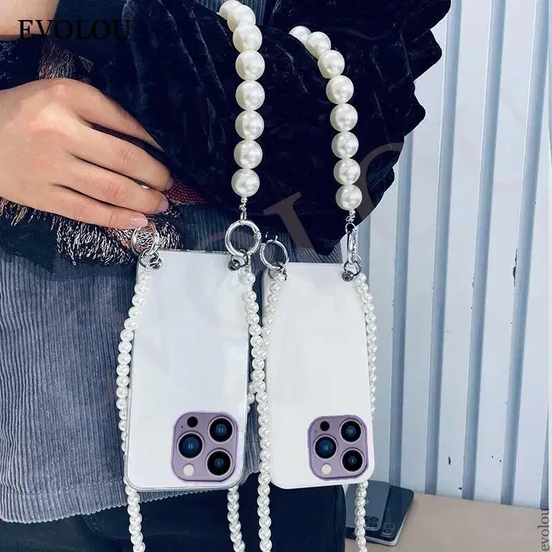 Pearl Chain Crossbody Lanyard Necklace Shockproof TPU Phone Case