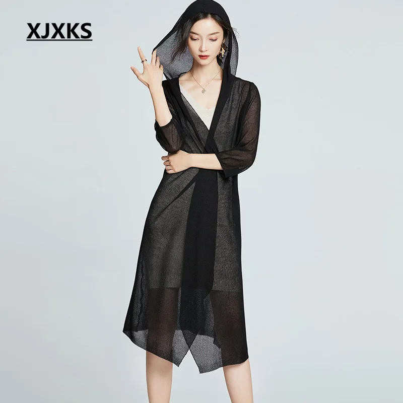 

XJXKS Fashion Lapel Hooded Women's Long Cardigan 2023 Spring And Summer New Comfortable Linen Knit Sunscreen Tops