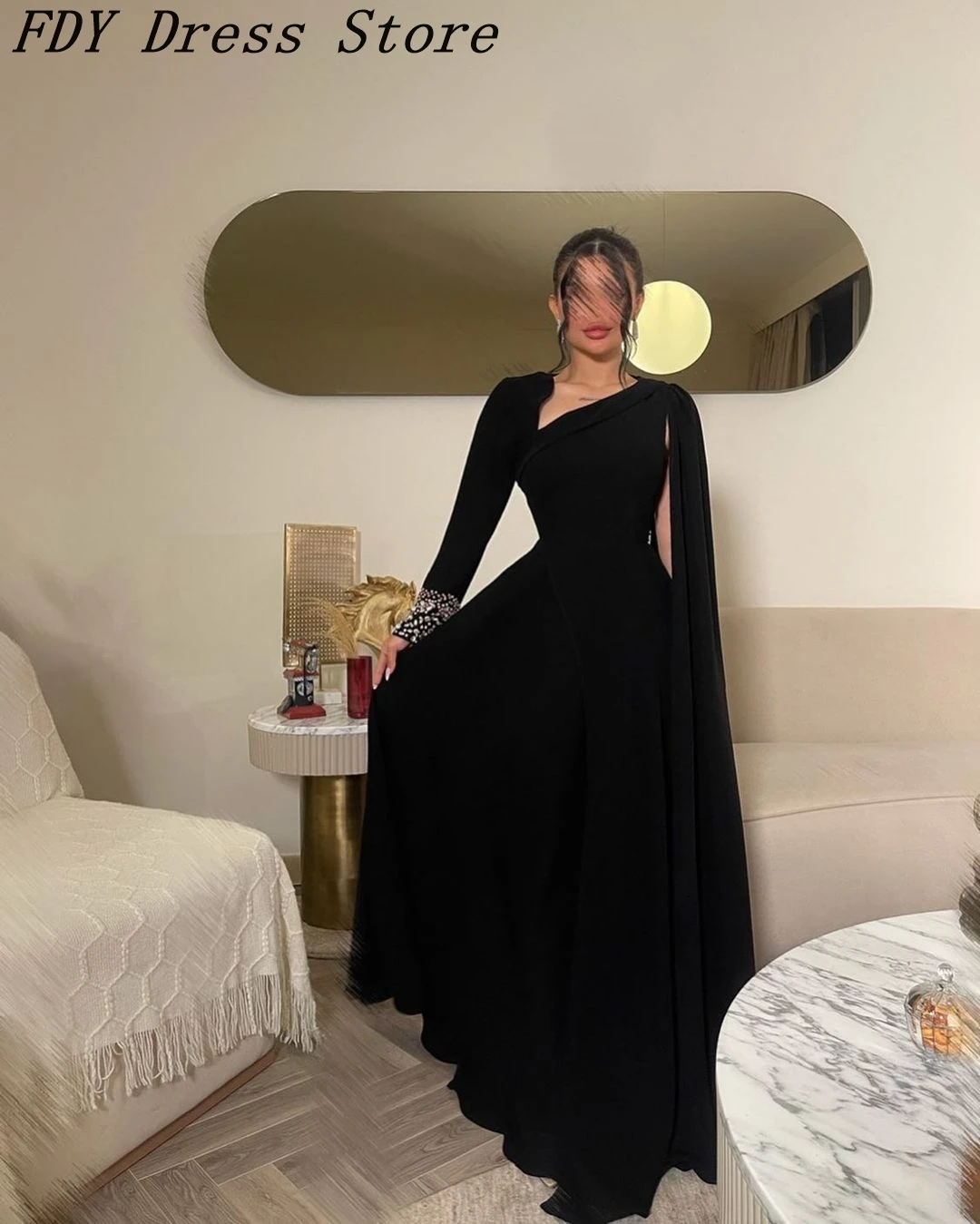 

Vintage Long Sleeves Prom Dresses Black Chiffon Pleated Beadings Floor Length Formal Occasion Dress Evening Dresses