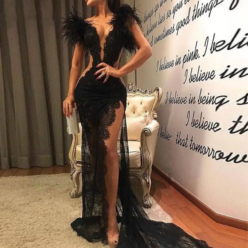 

Sexy Black Long Evening Dress for Women Side Slit Lace Appliques Mermaid Feathers Party Formal Occasion Elegantes Mujer Vestidos