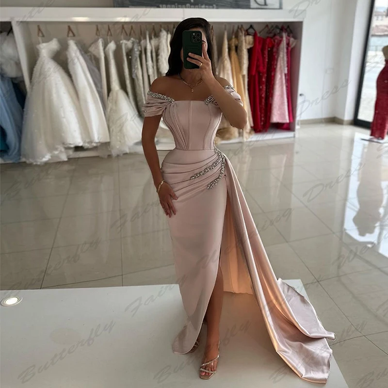 Sexy Backless Mermaid Evening Dresses Elegant Vintage Off Shoulder Short Sleeved High Slit Simple Mopping New Party Prom Gowns