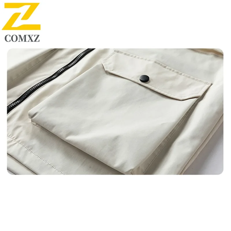 COMXZ 2025 Spring Autumn Jacket Men Hooded Loose Fit Workwear Mountain Style Outdoor Color Block Patchwork Casual Windbreaker