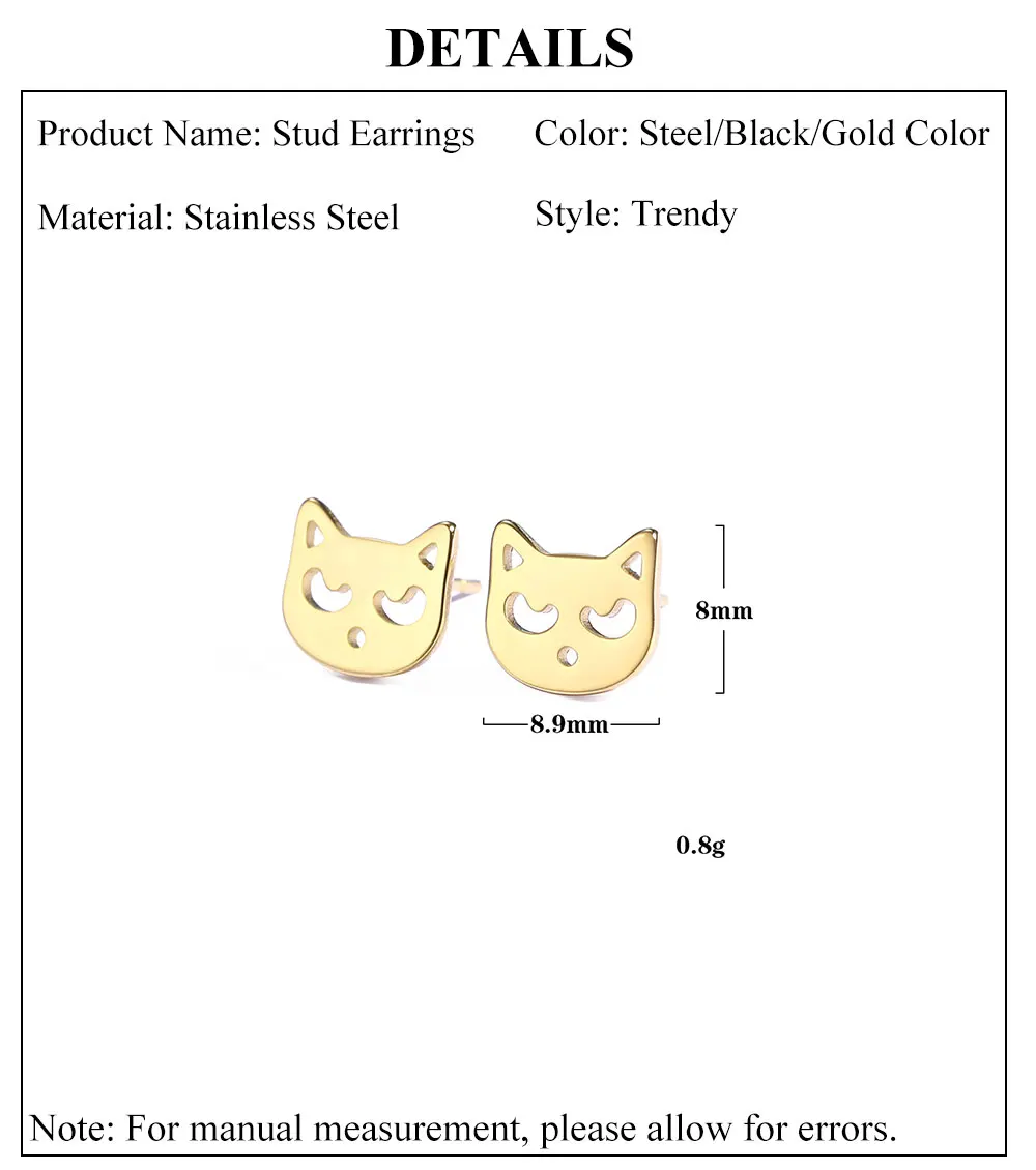 Cute Small Cat Kitten Stud Earrings Stainless Steel Gold Color Earrings for Women Girls - PeticaDeals
