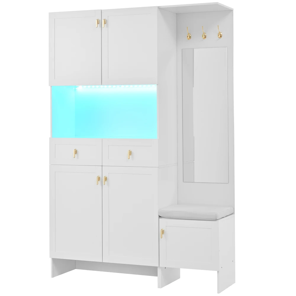 PINGGO Garderobenset Flurmöbel mit Schuhbank Schrank 1 Spiegel 2 Schubladen 3 Haken 5 Türen Weiß 120x180x33,5cm – Detail 15
