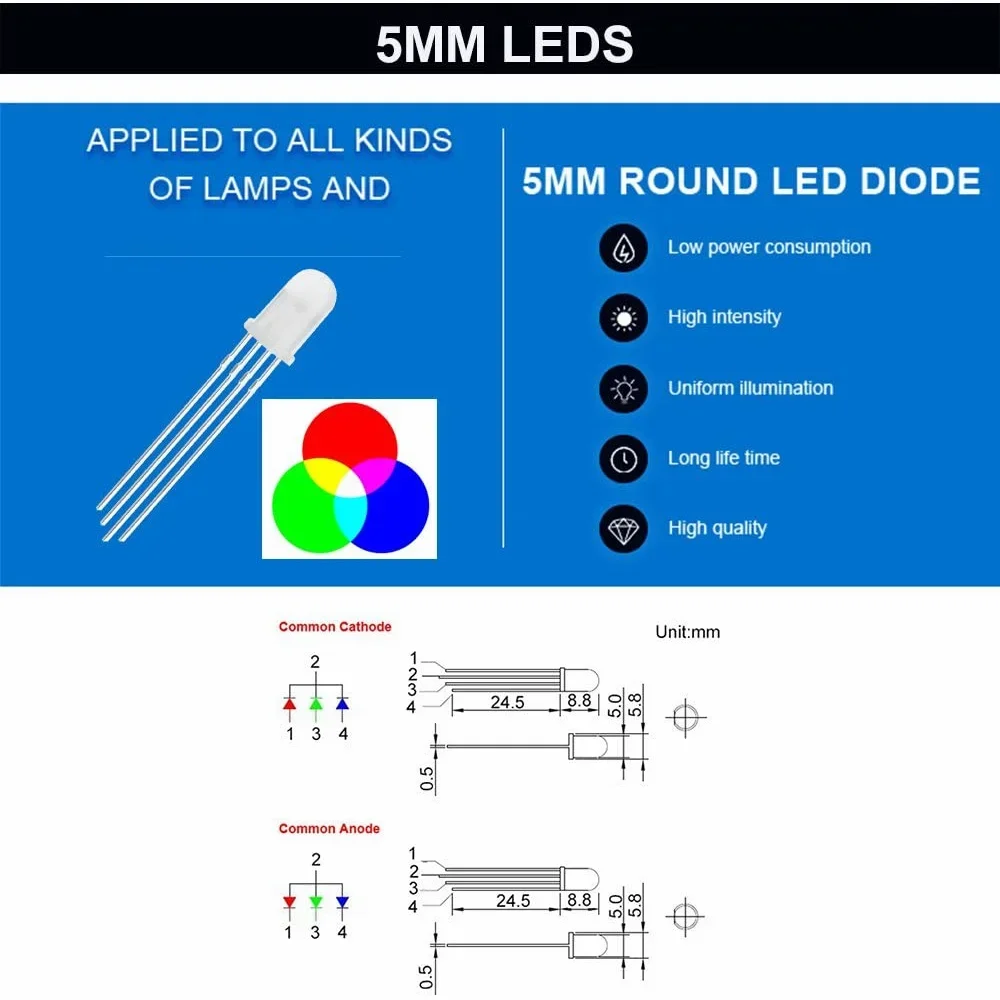 풀 컬러 RGB LED 공통 음극 및 공통 양극, 3 색 방출 다이오드, 안개 확산 다이오드 F5, 아두이노용 4 핀, 50 개, 100 개, 5mm
