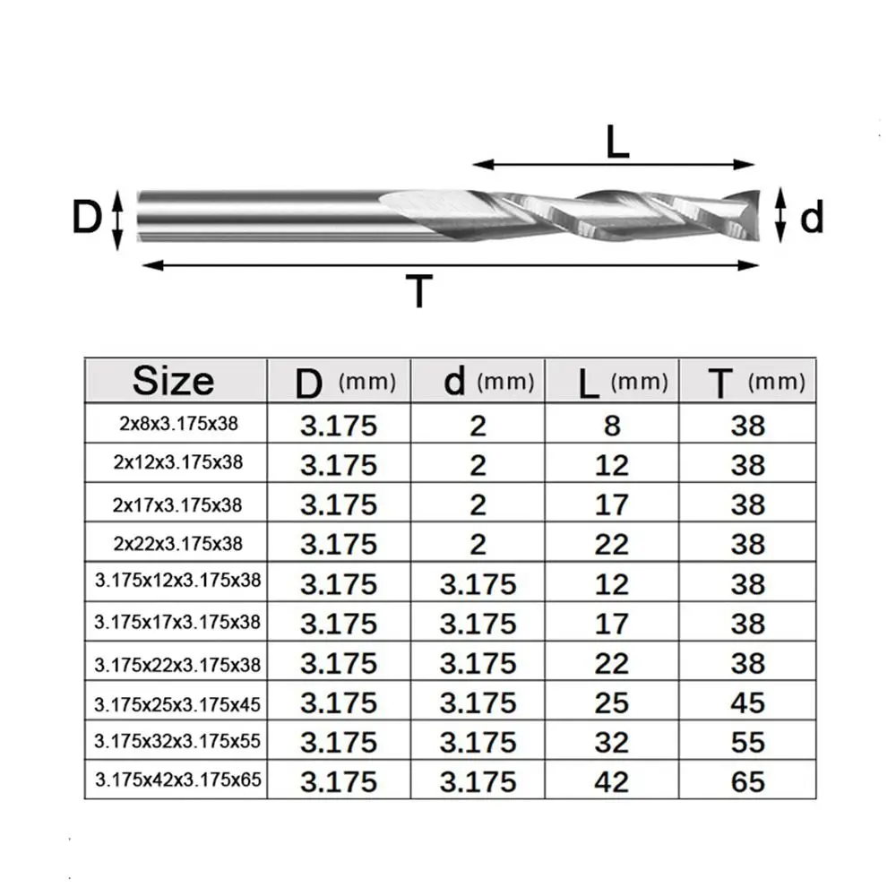2 Flute Wood End Mill 1/8"(3.175mm) Shank Up Cut Carbide Spiral Cutters HRC45 2.0-3.175mm CNC Router Bit Multi-layer Board