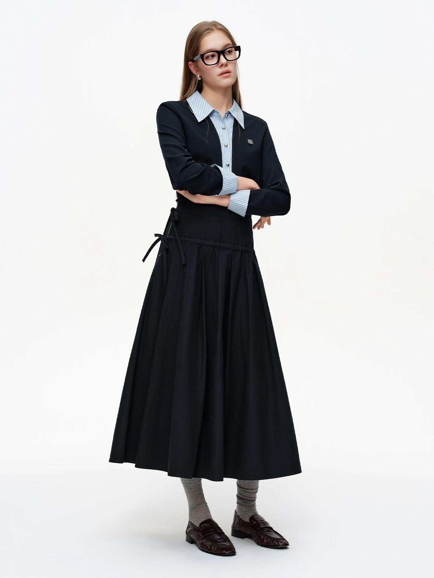 DUSHU 2025 Spring New High Waist 3D Pleated Skirt with Side Tie Layered Ruffle Midi Skirt Fashion Casual Bodycon Pencil Skirt