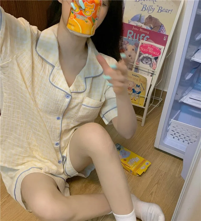여름 순면 잠옷 여성용 귀여운 체크무늬 홈웨어 달콤한 반팔 반바지 소형 사이즈 투피스 세트 얇은 소재