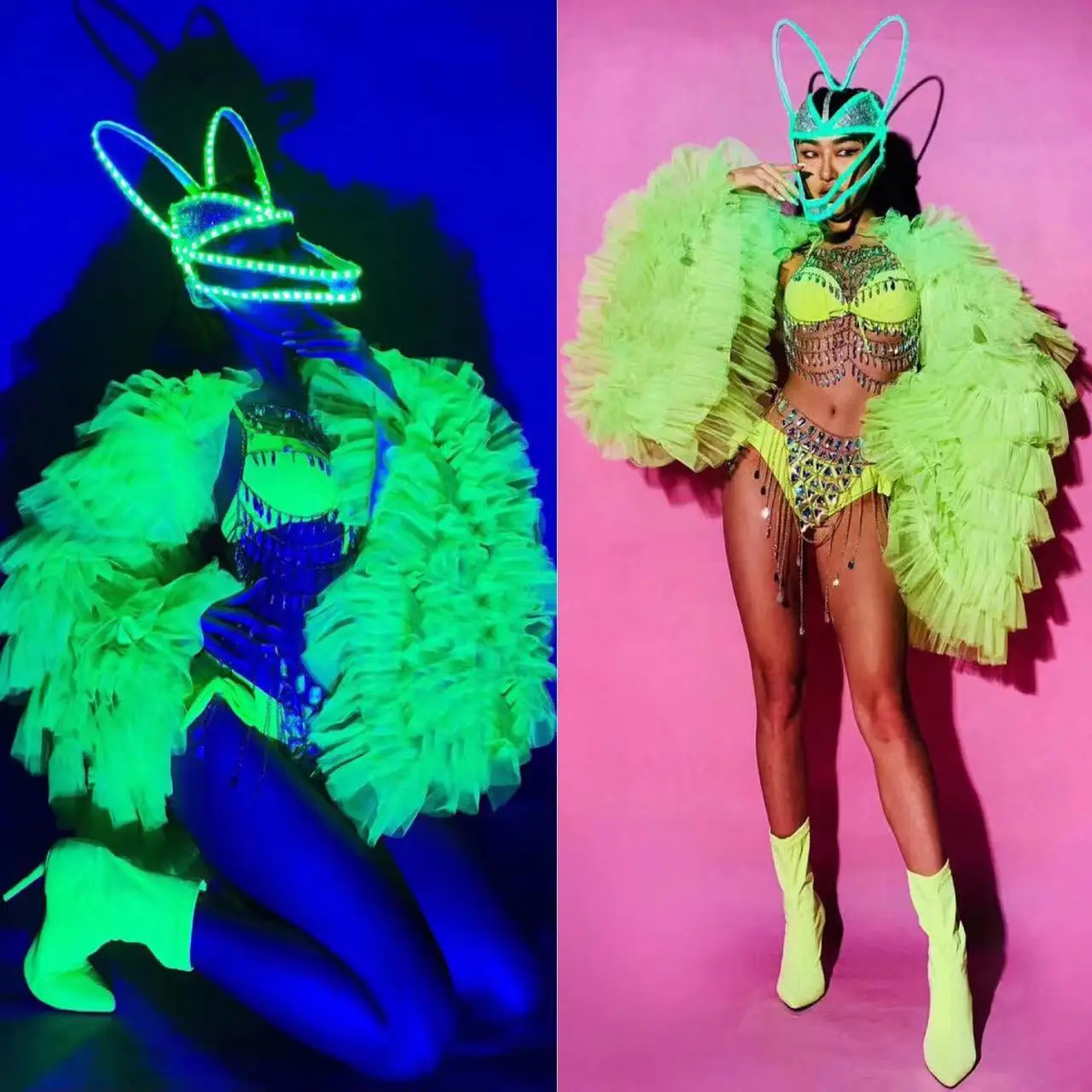 

Model Catwalk DJ Performance Dance Wear Fluorescent Green Bikini Women Costume Suit Jacket Body Chain Nightclub Bar Stage