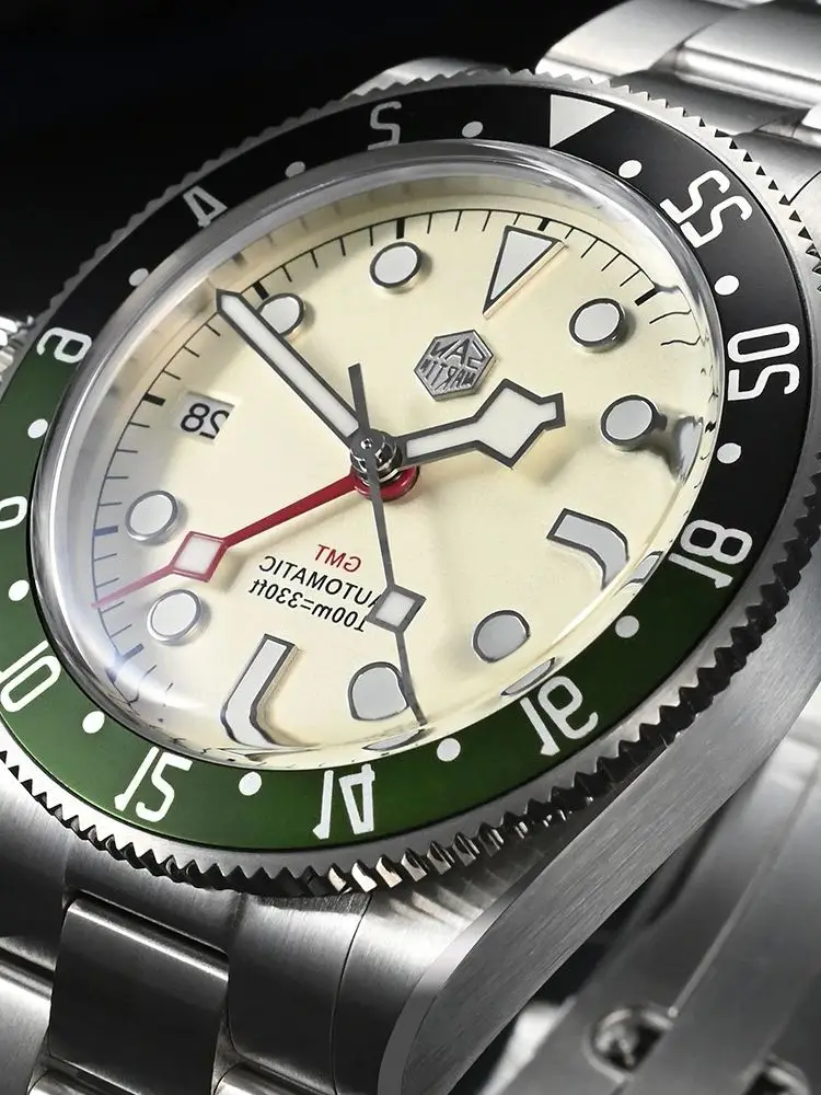 San Martin 39mm Luxury Mens Automatic Watch NH34 GMT Bidirectional Aluminum Bezel 10Bar Swim BGW-9 Sports Reloj Hombre SN0109