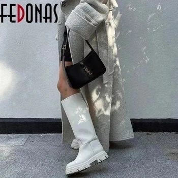FEDONAS 여성용 인스 정품 가죽 부츠, 무릎 높이 부츠, 디자인 플랫폼 라이딩 부츠, 두꺼운 힐, 가을 겨울 부츠, 2023 브랜드