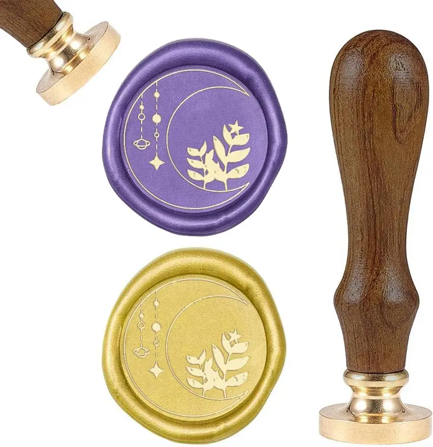 

1PC Wax Seal Stamp Moon Grass Vintage Sealing Wax Stamp Plant Retro 25mm Removable Brass Seal Head Wood Handle for Envelopes