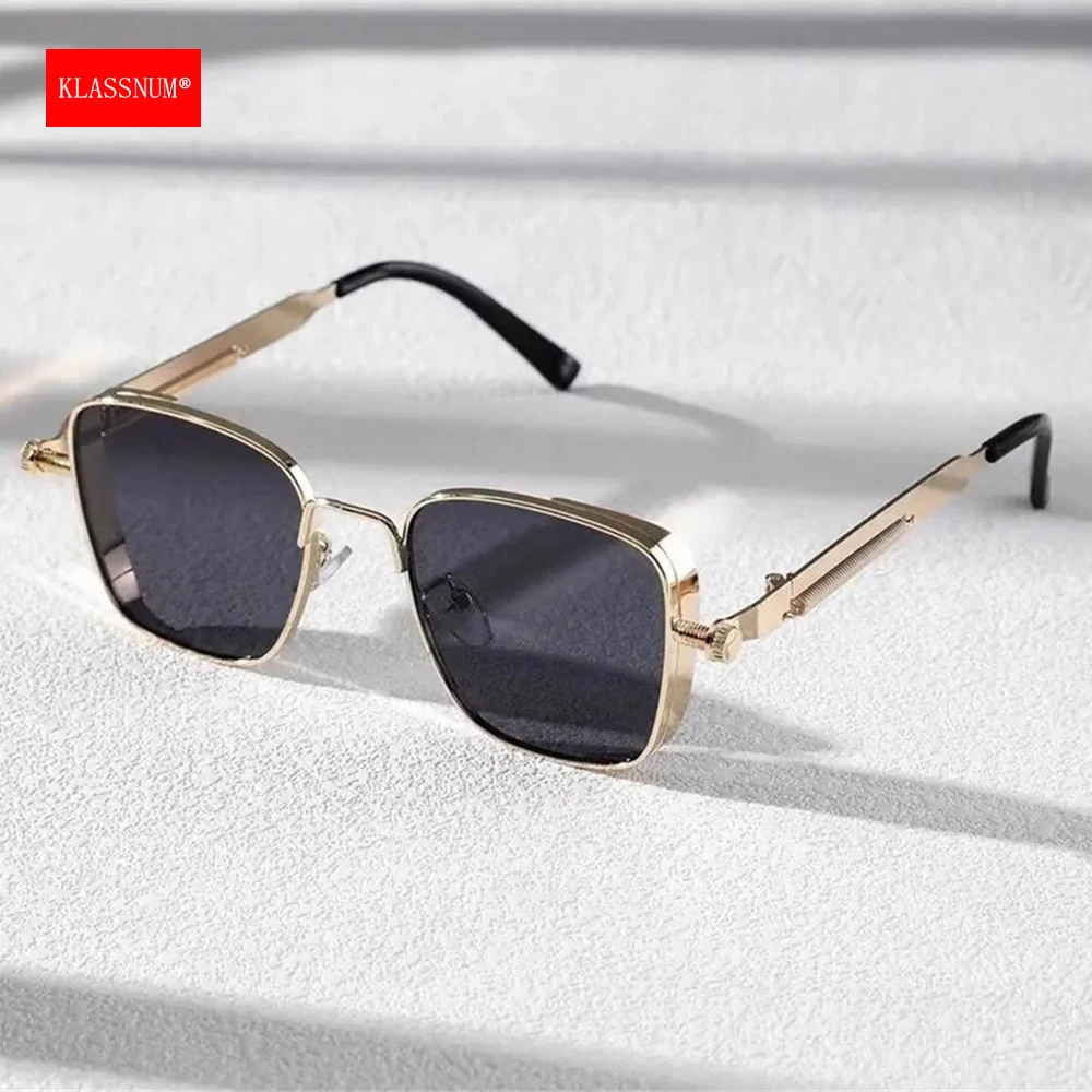 KLASSNUM Männer Vintage Steampunk Quadratische Sonnenbrille Metallrahmen mit Federscharnieren Frauen Okular Trendy Fahren Sonnenbrille Neu In