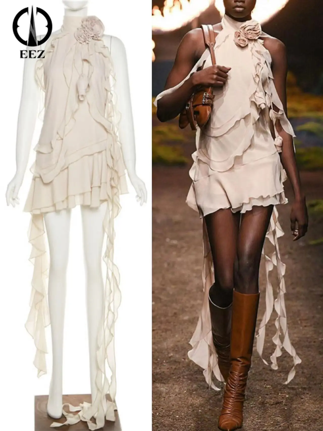 

Irregular Ruffles Spliced Appliques Mini Dresses for Women Sleeveless Slim Dress Strapless Halter High Waist Backless Vestidos