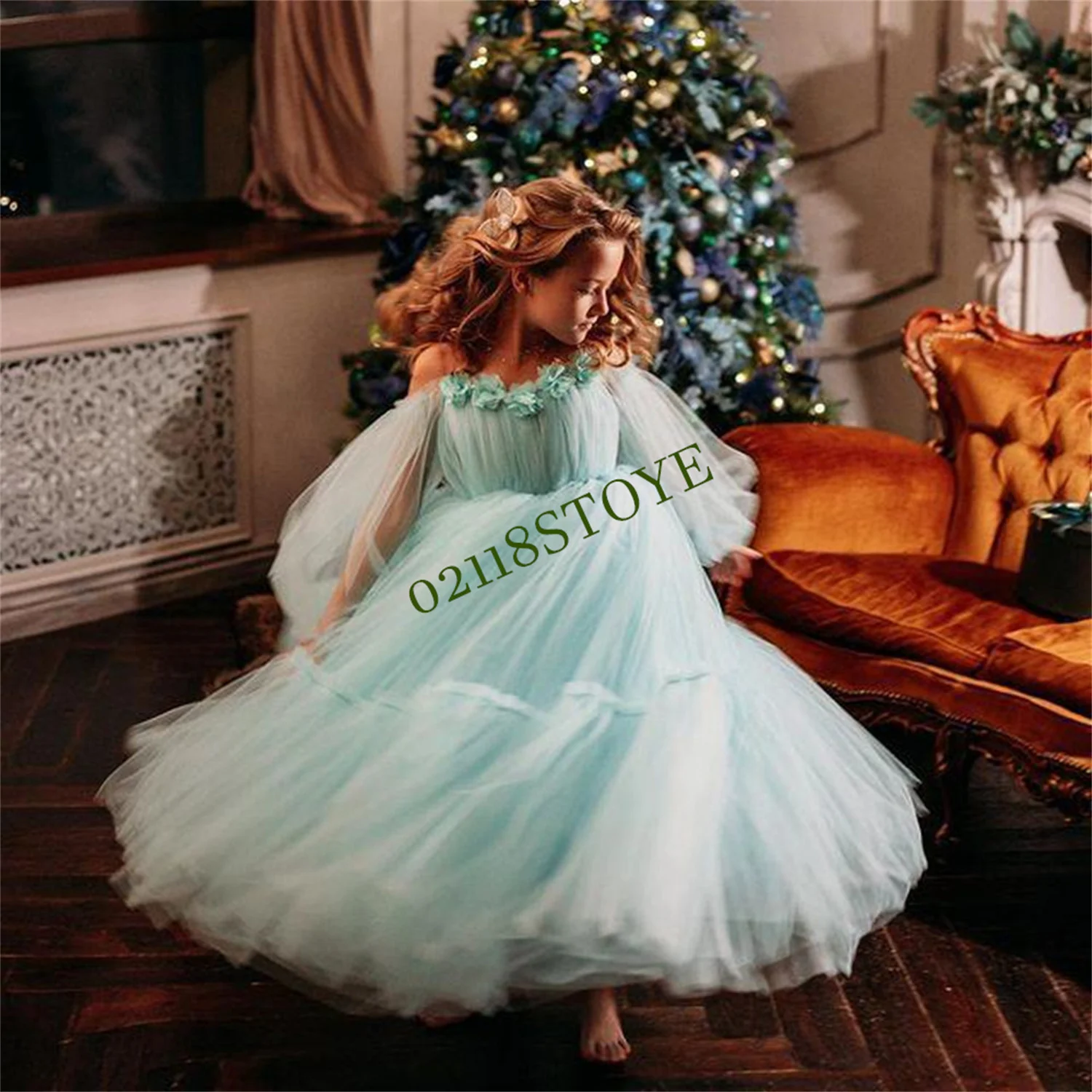 

New Light Blue Flower Girl Dress Wedding Party Tulle Skirt Ruffled Princess Ball Gown Over Flowing Floral Kids Cosplay Princess