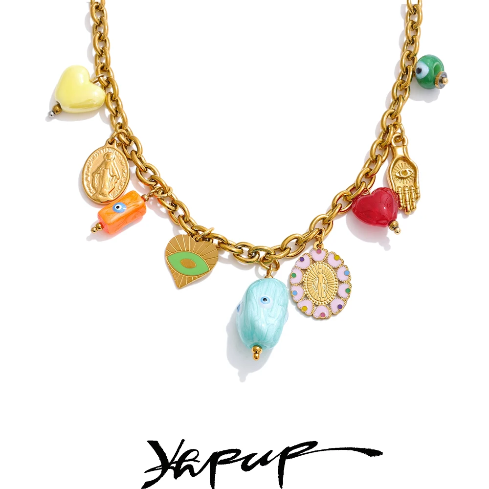 Yhpup Trendy Necklace Ceramic Eye Heart Charms