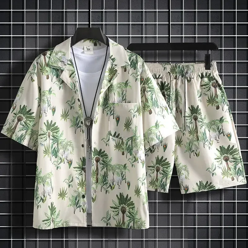 Conjuntos de camisas para hombre, conjuntos de playa blancos, conjunto de 2 piezas, conjunto coreano de dos camisetas, pantalones cortos, trajes para hombre, elegantes, 5xl, elásticos, sueltos, fresco