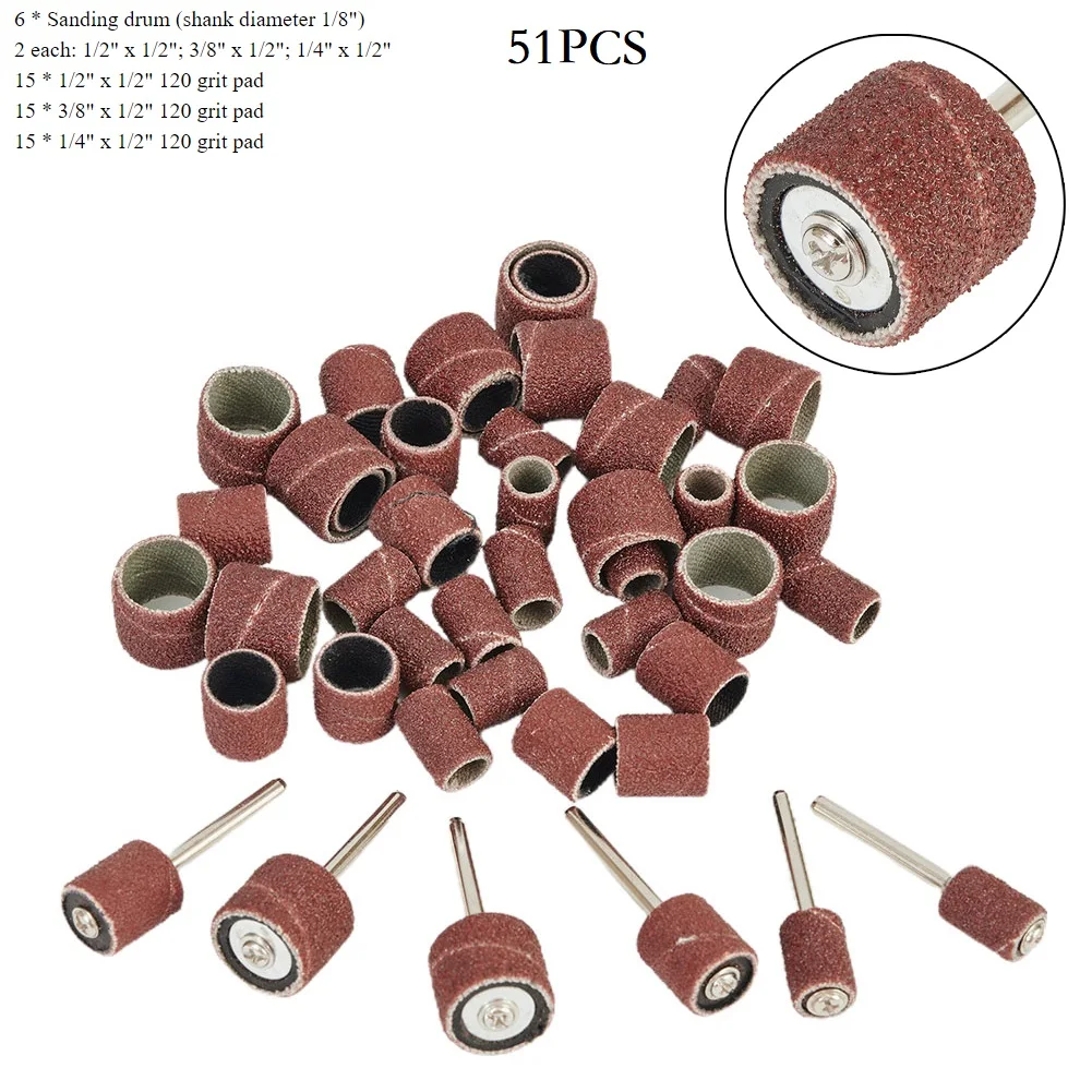 

51pcs Sanding Drum Band Mandrel 1/2in 3/8in 1/4in 120 Grit Rotary Tool Kit For Dem-el Includes Rubber Drum Mandrels Quality.