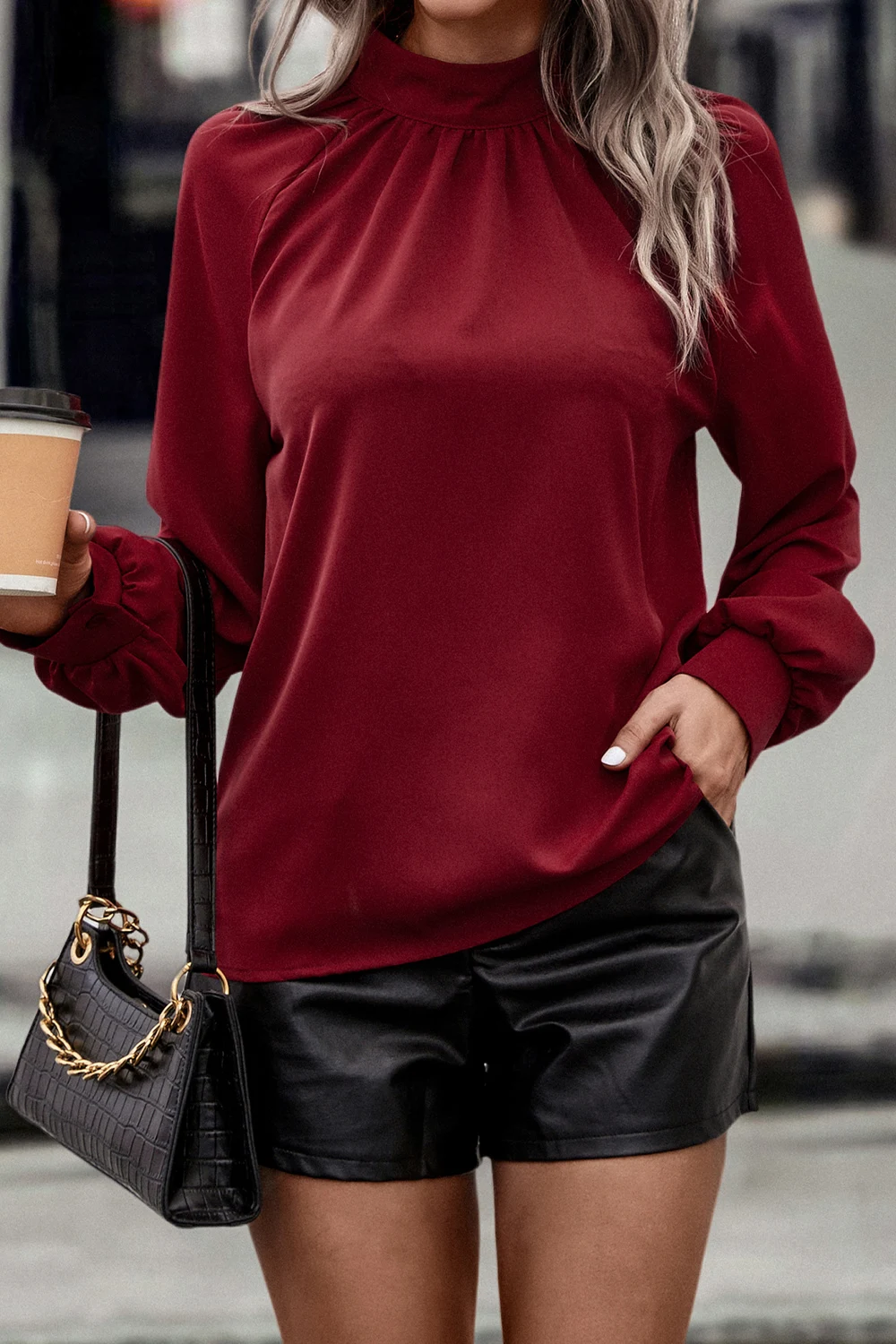 

Cherry Invasion Autumn Winter Casual Balloon Sleeve Solid Color Shirt for Women