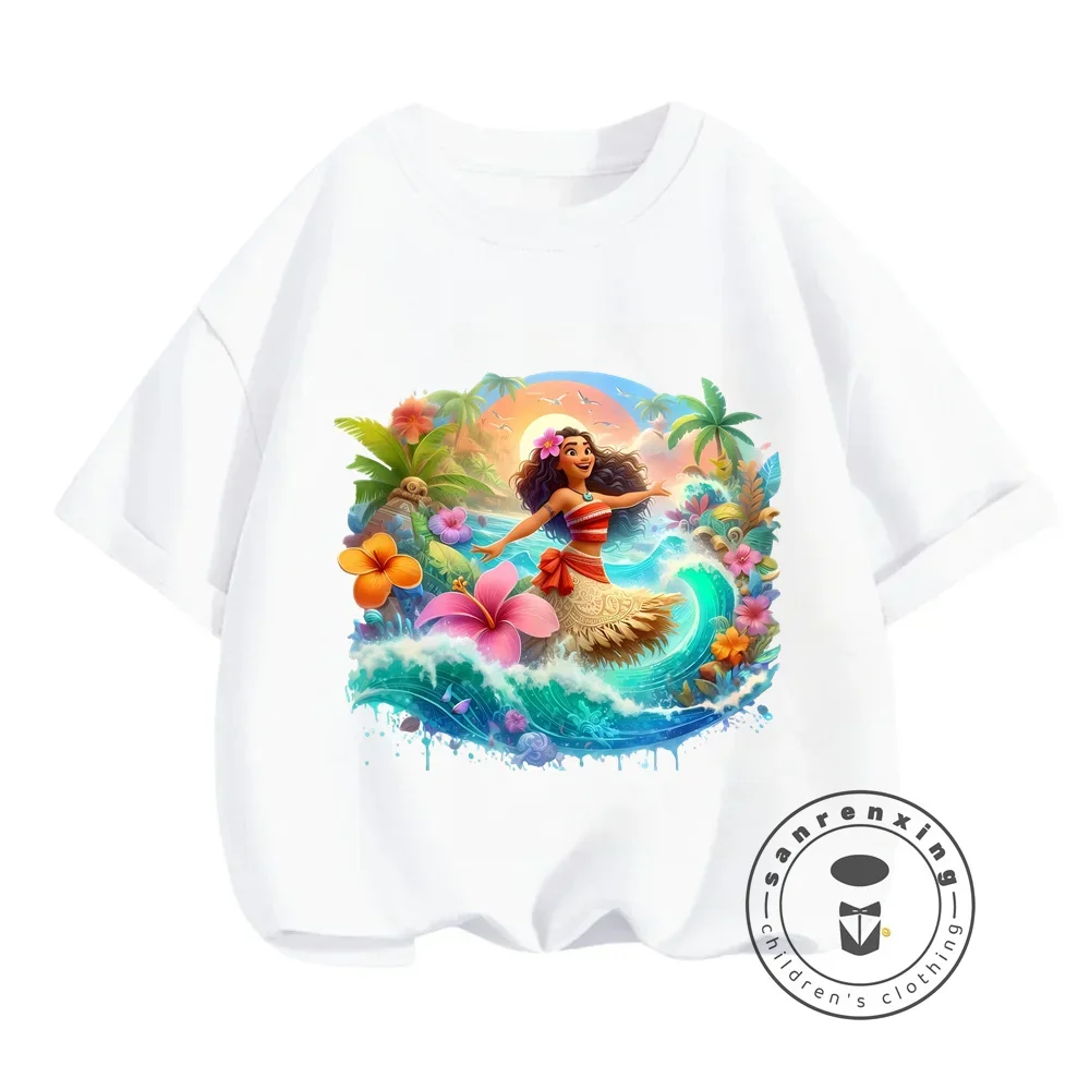 Boys' and Girls' Summer Streetwear Disney Moana Prints on T-shirts Fashionably Cute Cartoon Prints Soft O-neck for Children 3