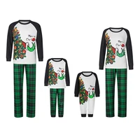 Blotona Christmas Family Matching Outfits Pajamas Set Cartoon Print Long Sleeve Tops and Green Plaid Pants Sleepwear Homewear 2