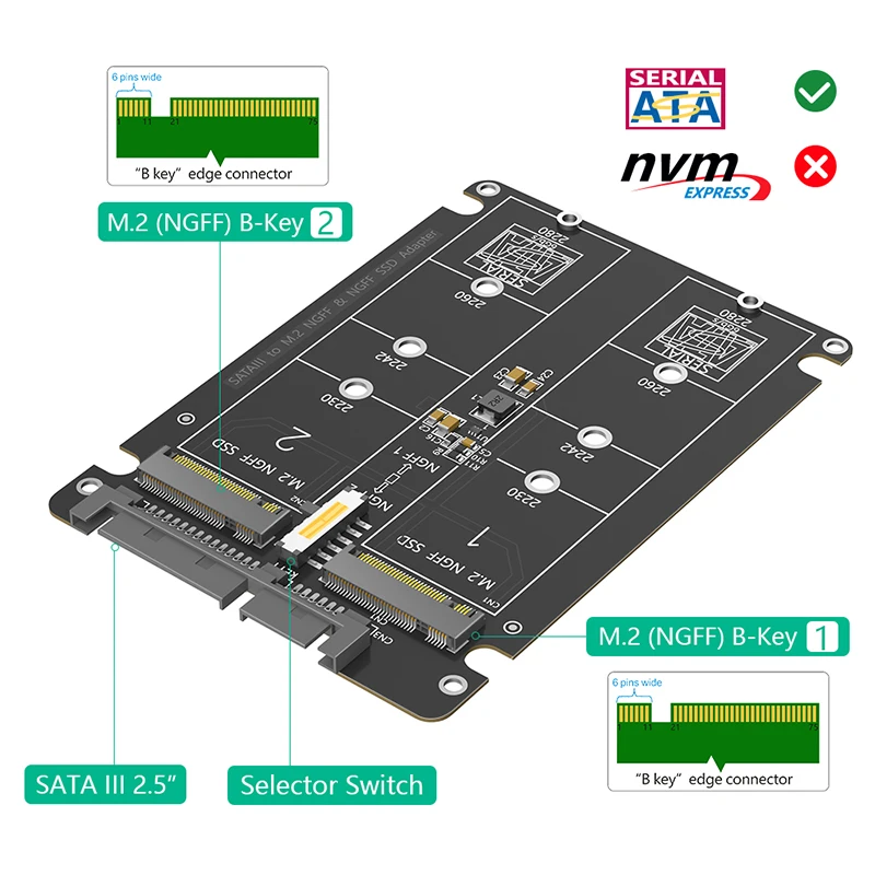 듀얼 포트 M.2 SATA 프로토콜 SSD - SATA 시리얼 포트 어댑터 보드 2x M.2 B 키 - SATA3.0 2.5인치 확장 카드 라이저 (케이스 포함)