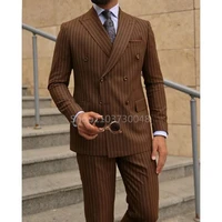 Brown/Navy 2 Pieces Men Suits Set Fashion Men's Formal Business/Wedding Suits Peak Lapel Double Breasted Blazer Pants for Party