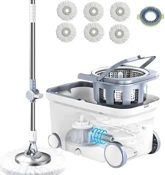 360 Spin Mop Bucket with 6 Microfiber Heads, 62" Handle, 4 Wheels for Easy Home Cleaning 1