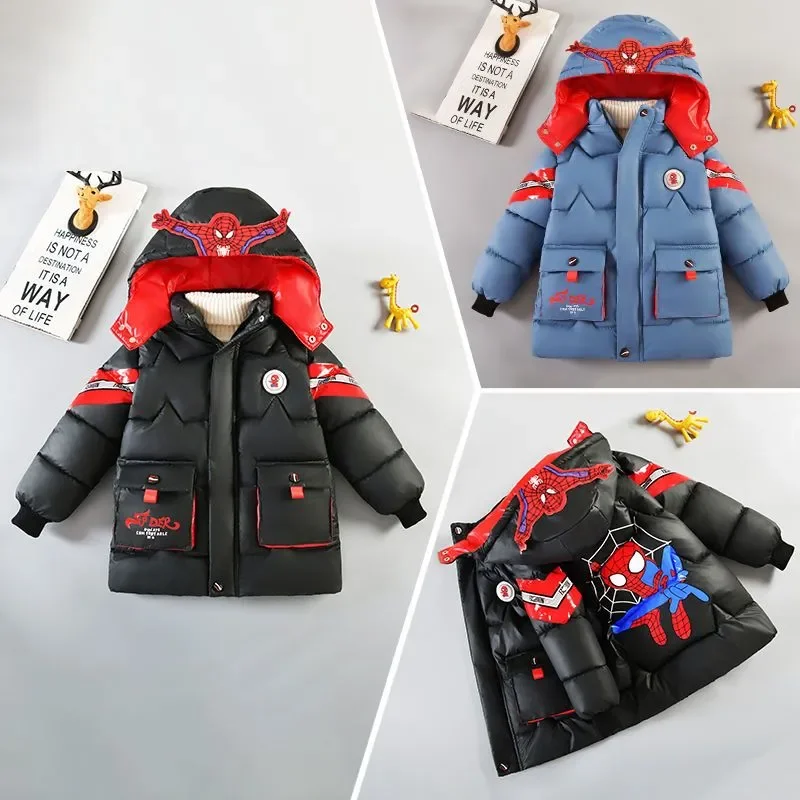 Spiderman Down Jacket Winter Baby Boy Costume Kids Warm Thicken Cotton-Padded Hooded Coat Parka Children Clothing Outerwear
