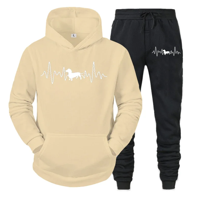 thumbnail image 1 of Conjunto de ropa deportiva con estampado de latidos del corazón de Dachshund para hombre, sudaderas con capucha y pantalones de manga larga a la moda, trajes de 2 piezas, chándales con diseño de perro, 1 of 5