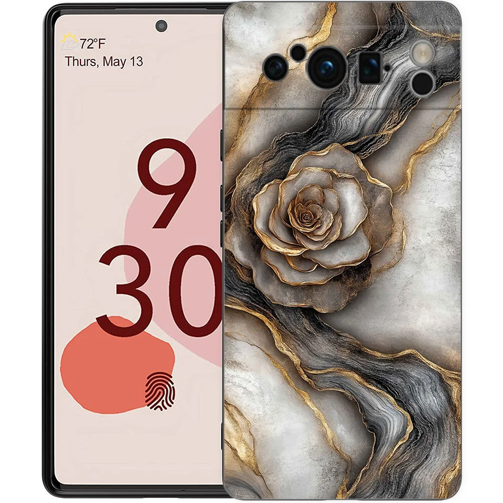 Elegant Flower Marble Design Shockproof Phone Case - Soft TPU Black Cover