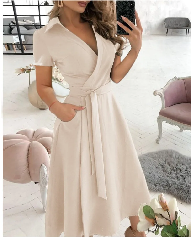 

Women Summer Long Dress Short Sleeve V Neck Solid Vintage Elegant Chic Shirt Dress With Belt Office Ladies Party Sundress