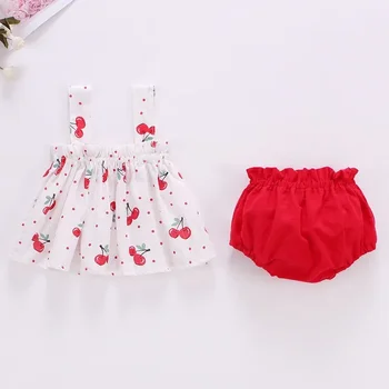 0-2 Years Baby Girl Summer Dress Suit Little Girl Clothes Infant Toddler Cherry Sling Dress Bread Pants Two-piece Clothing Set