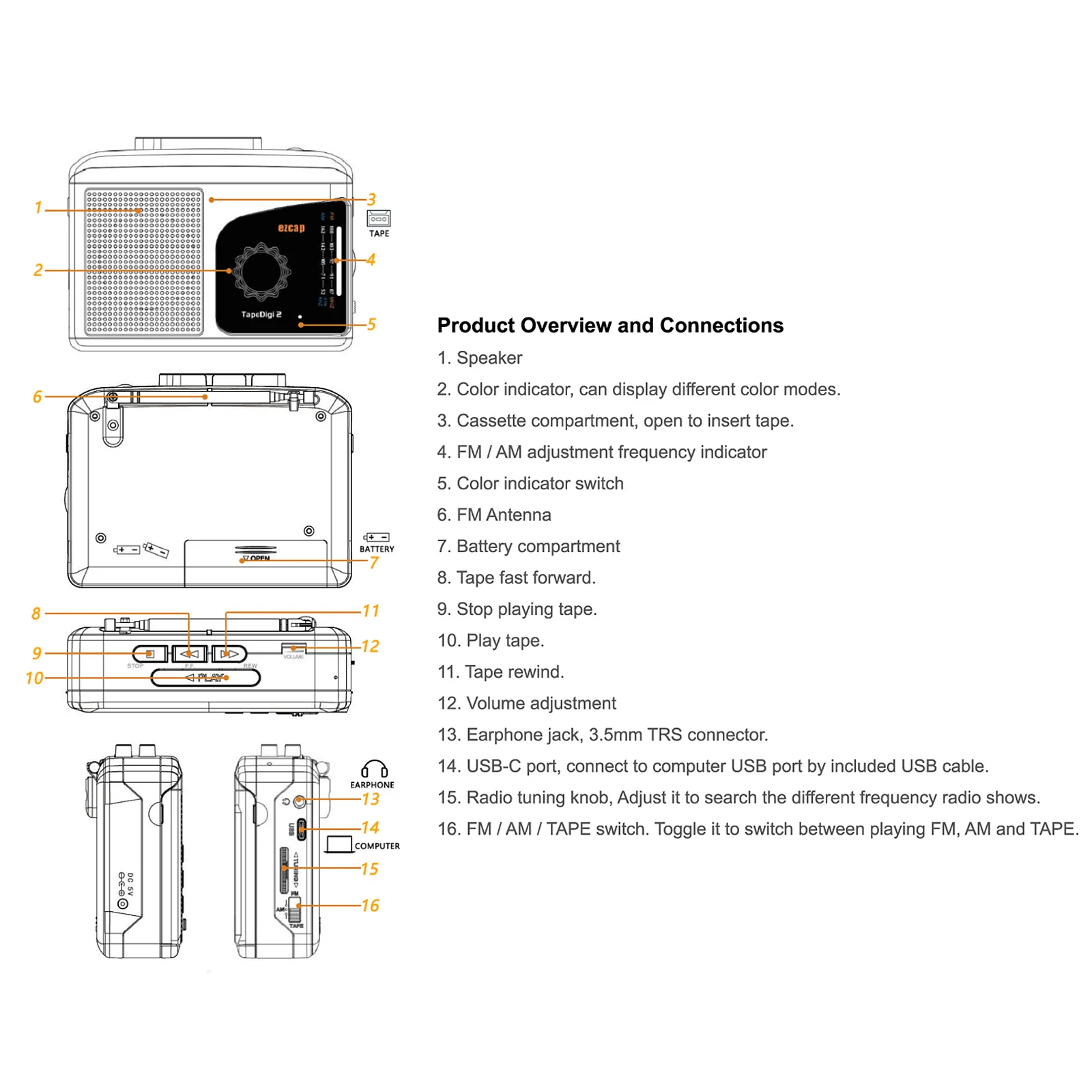 Cassette Player ezcap246 Portable Cassette Tape Player USB Cassette Tape-to-MP3 Converter into Computer AM FM Radio Built-in Speaker