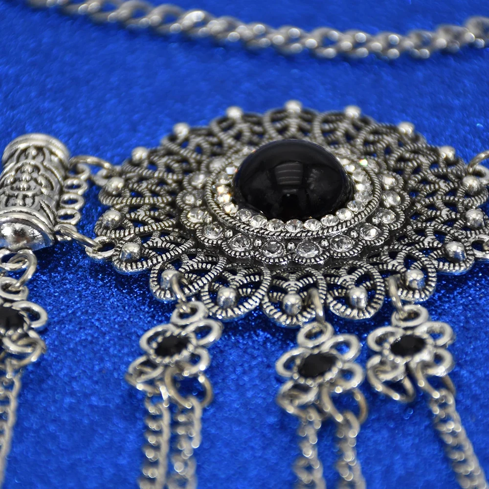 Gypsy Vintage Silver Long Tassel Coins Belly Chains Black Blue Acrylic Gem National Belts Turkiye Traditional Dress Body Jewelry