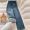 Thickened Fleece Wide Leg Jeans Women's High Waist Straight Cut Skinny Retro Blue Floor Length Pants Versatile Casual Trousers