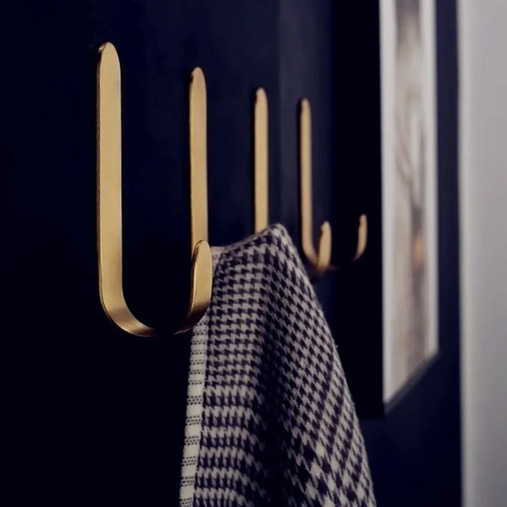 Brass Wall Hook Self Adhesive Brass Hooks Behind-door Key Clothes Hanger Hook J Shaped Towel Holder Bathroom Kitchen Accessories 4